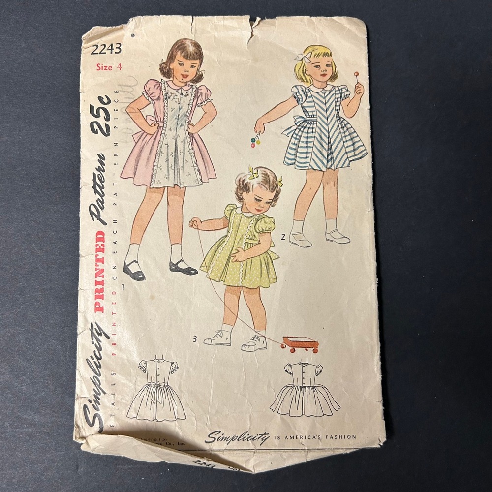 Vintage 1940's-50's Simplicity 2243 Sewing Pattern Child Dress Size 4